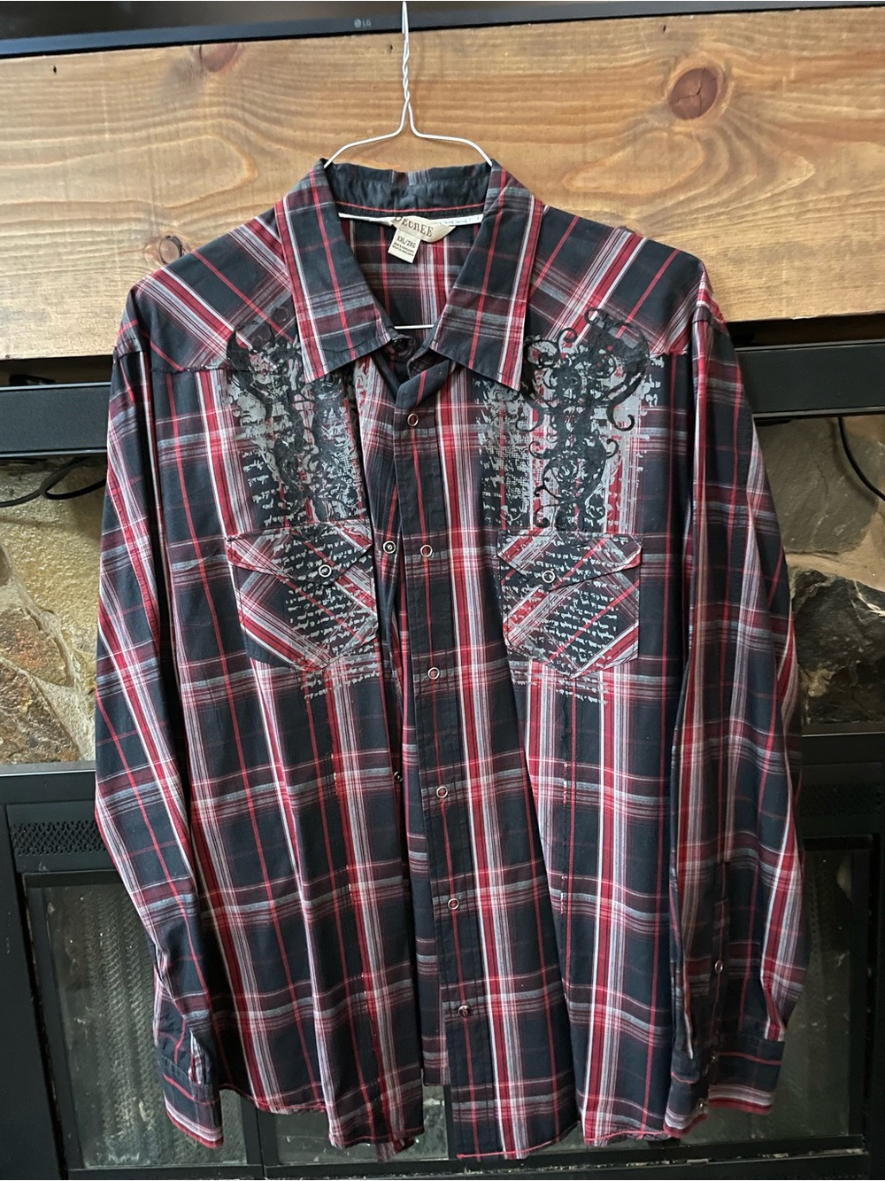 Decree Men's Red and Black Plaid Button-Down Shirt with Chest Graphics